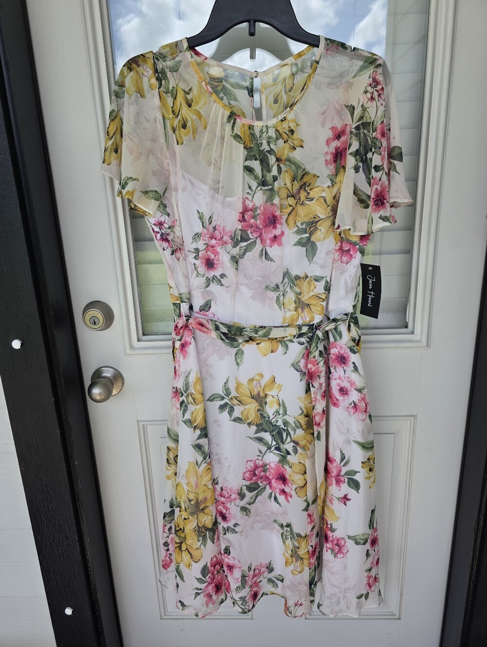 Jessica Howard Floral Midi Dress Sz 12 Pink Yellow Flutter Sleeve Belted Chiffon - Picture 2 of 11